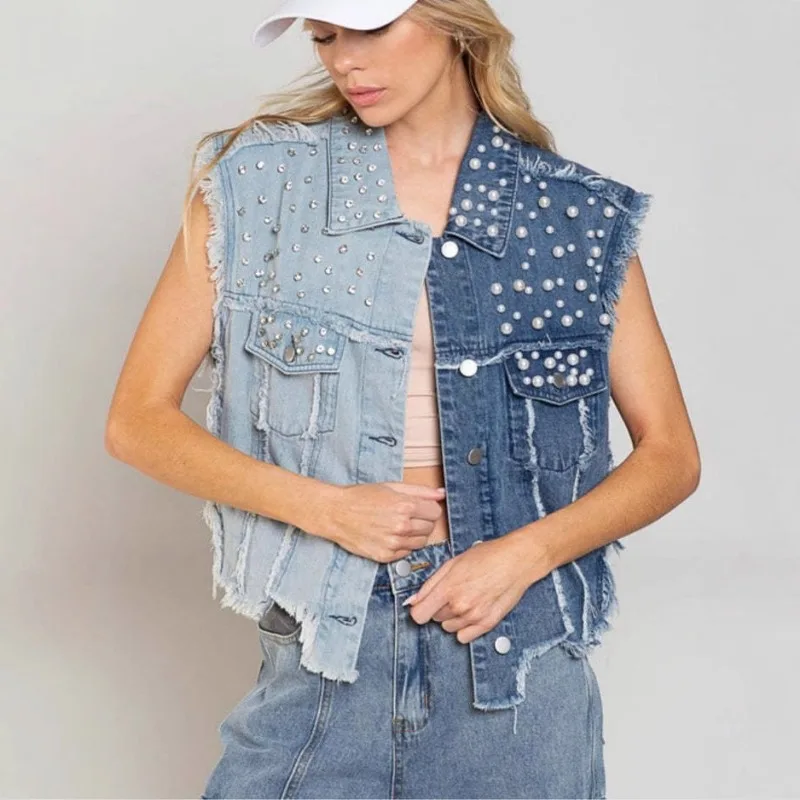 2025 European and American Personalized Street Denim Vest Fashion Splicing Nail Bead Loose Women's Short Denim Clothing