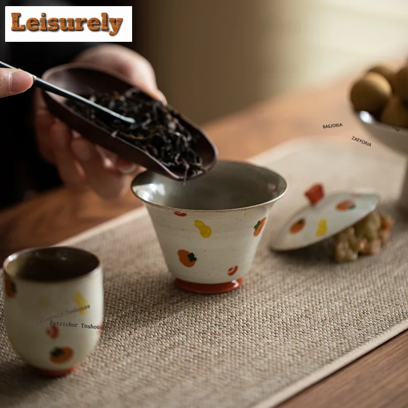 HOYIHM 100ml Hand Drawn Persimmon Horseshoe Gaiwan Ancient Tea Tureen Tea Bowl With Lid Kit Tea Maker Cover Bowl Teaware Gifts