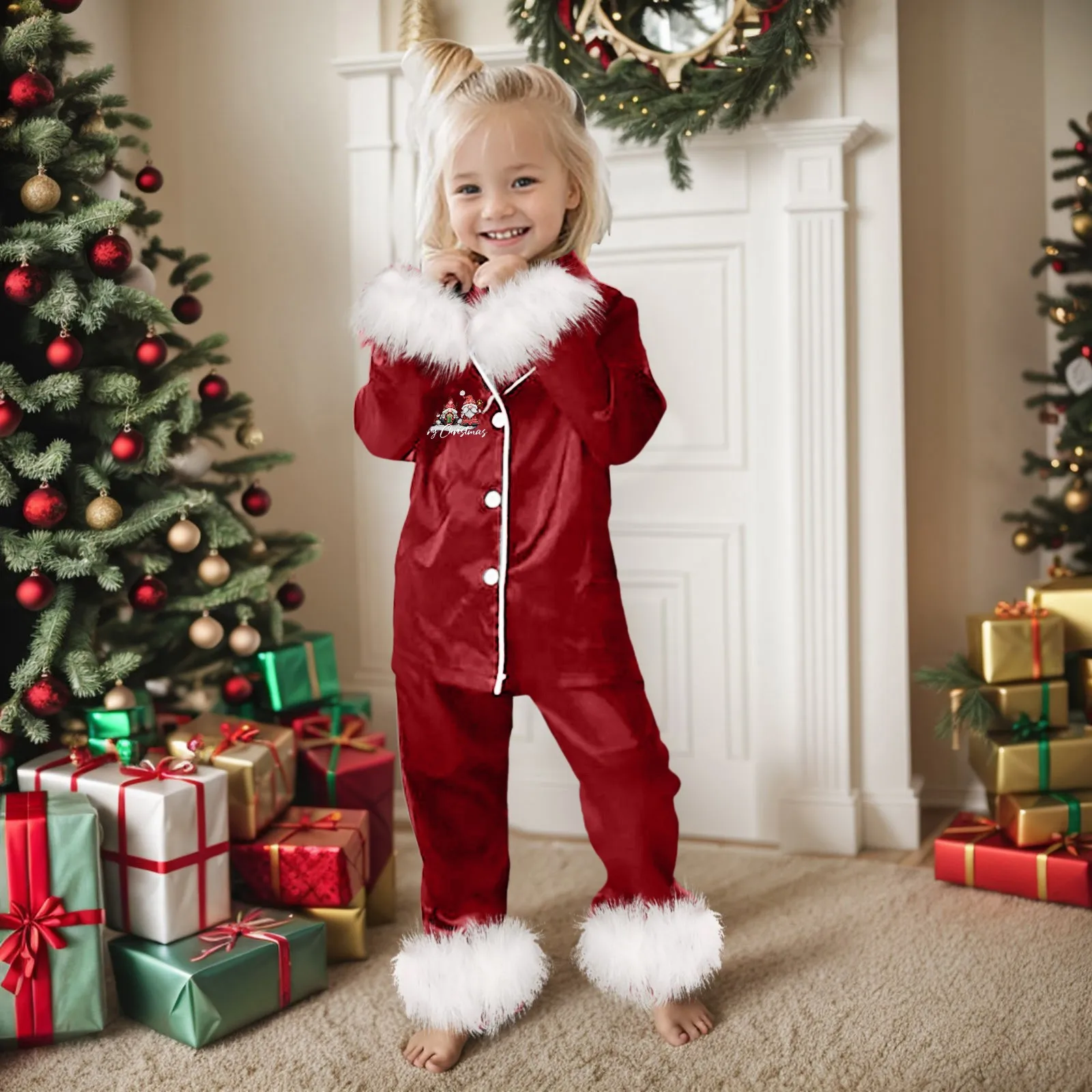 Winter Kids Christmas Pajamas Sets Children's Satin Silk Pyjamas Red Christmas Pjs for Girls Boys Homewear Sleepwear Nightwear