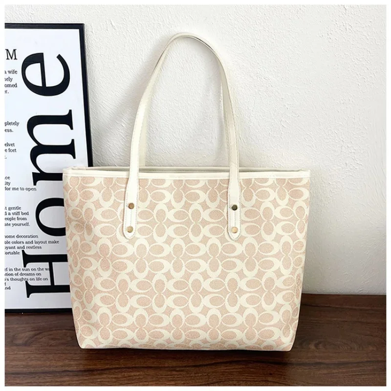 Classic Monogram Print Tote Bag, Large Capacity PU Trim Canvas Shoulder Bag, Versatile Daily Work Shopping Handbag For Women