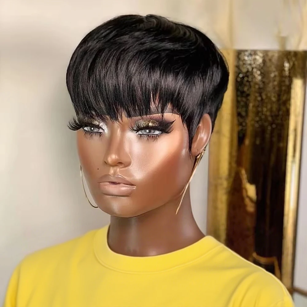 Natürliche schwarze 200%ige kurze Pixie-Perücke aus 100% Echthaar für Frauen ohne Kleber, brasilianisches Remy-Haar, sofort tragbar, mit geschichtetem 4-6 Zoll Look.