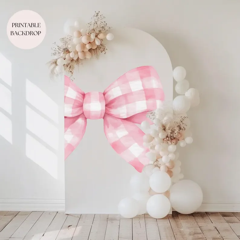 Mehofond Pink Bow Balloon Backdrop Cover Coquette Girl First Birthday Baby Shower Decor 2-sided Chiara Photo Background Photo