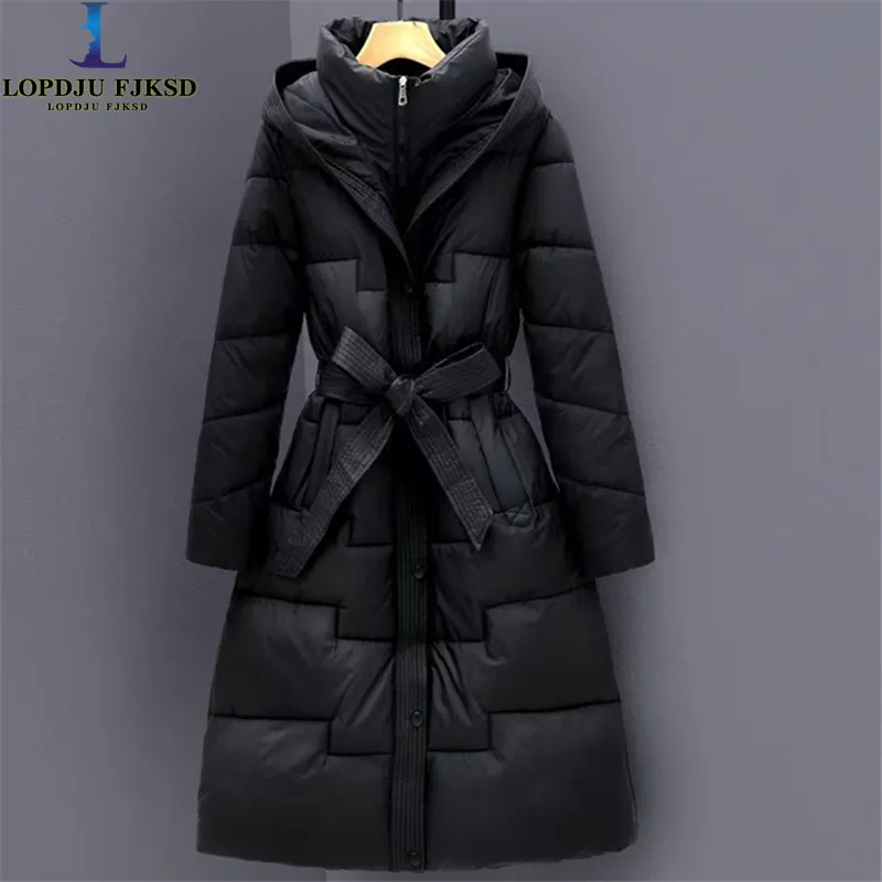 

Long Thick Cotton Jacket for Women,Adjustable Waist Coat,Female Clothing,Hooded,Korea,Loose,Zipper,New, Winter,2025