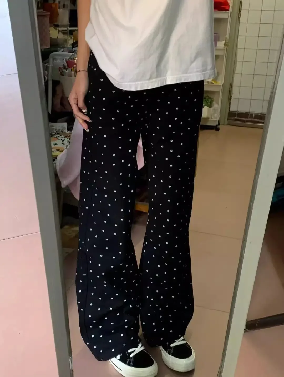 Womens Casual Loose Jeans White Polka Dot 2025 New Narrow Straight Leg High Waist Wide Leg Drag Pants Oversized Trousers