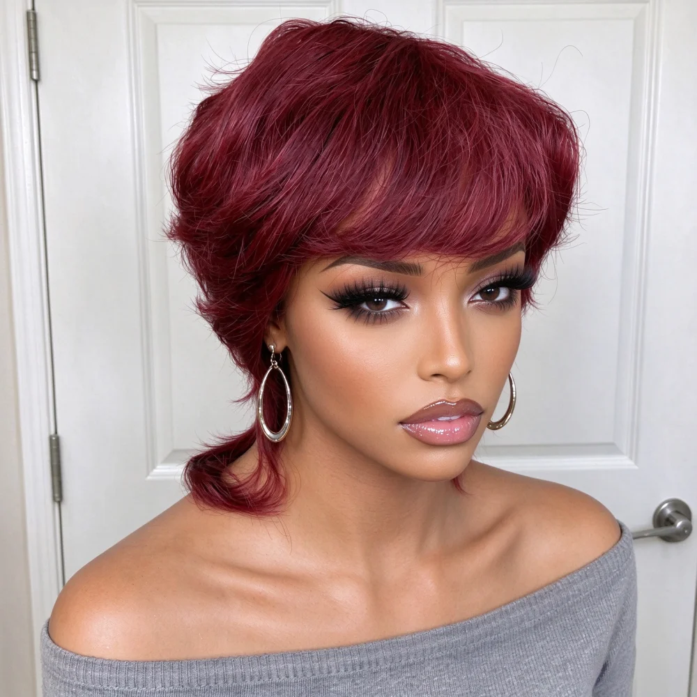1. Full Machine Made Human Hair Wig, Wine Red Shaggy Wolf Cut With Bangs, Natural Looking Layered Wolf Cut, Adjustable Straps