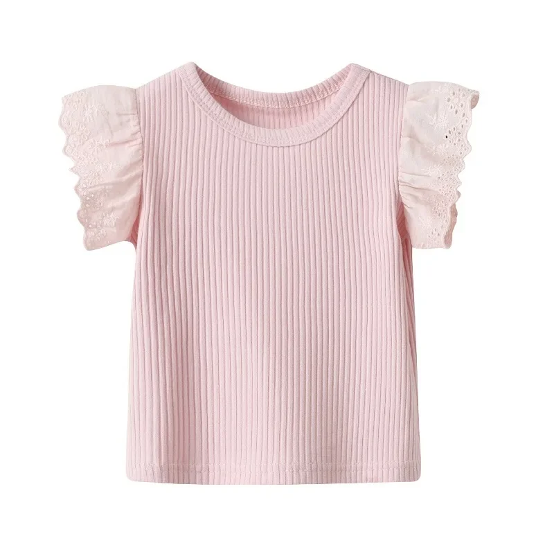 0-6Years Kids T-shirt Baby Girls Ruffle Short Sleeve Shirts Summer Solid Casual Chidren Blouse Tops Kids Clothes Outfits