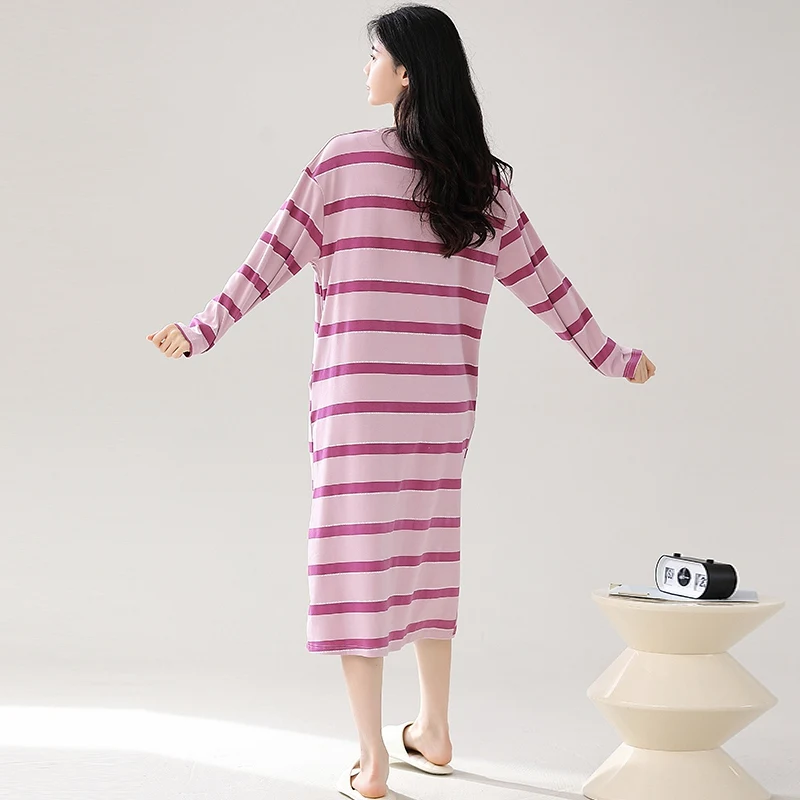 100% Cotton Long Sleeve Nightgowns for Women 2024 Autumn Casual Striped Long Dress Sleepwear Night Dress Nightdress Home Nighty