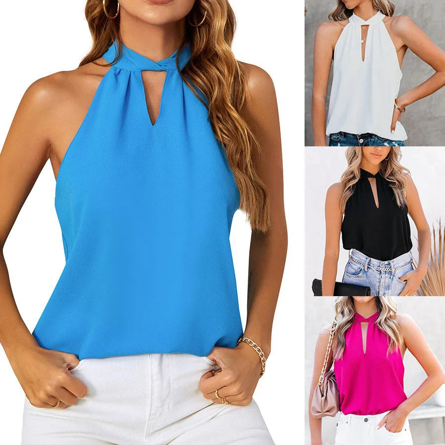 Women Summer Top 2024 New Neck Tied Chiffon Vest Sleeveless Top Female Retro Casual Solid Sleeveless Tops Women\'s Clothing