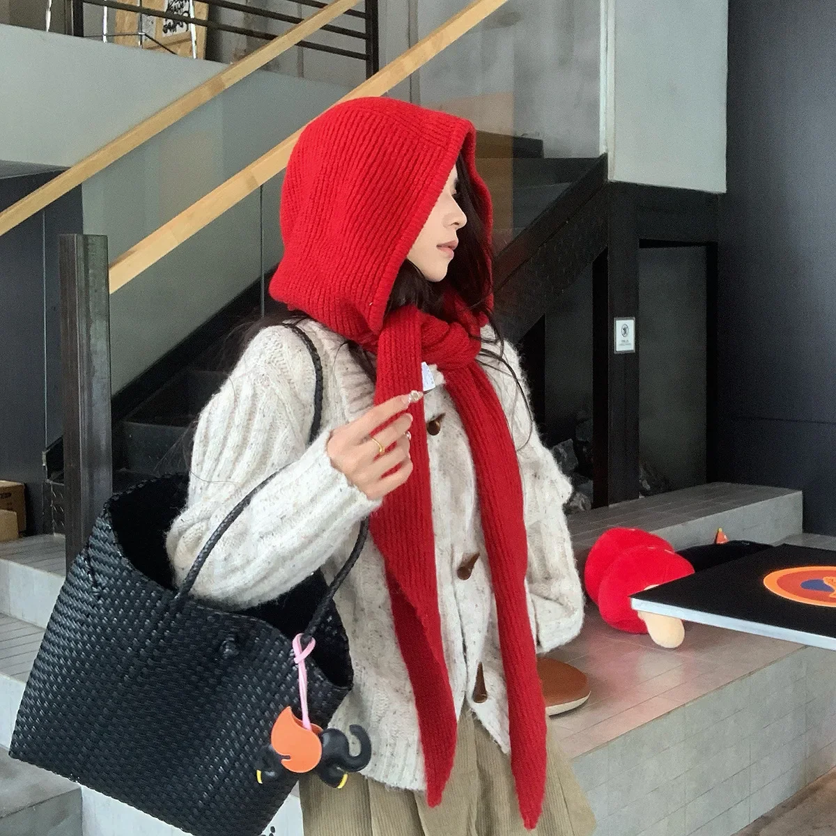 Fashion Design Hat Scarf Women Wool Blended Stylish Shawl Hat Decorate Integrated Balaclava Hat Knitted Thermal Scarf Female