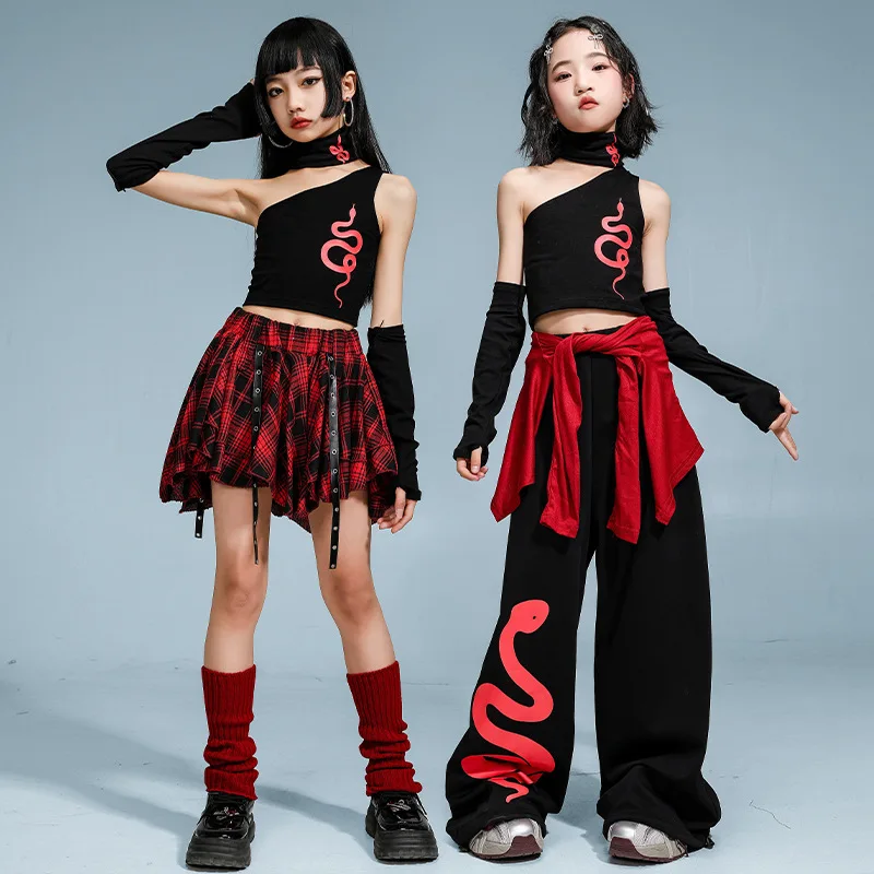 Girls Hip Hop Jazz Clothes Sets Off Shoulder Snake Print Crop Tops + Plaid Skirt Kids Performance Catwalk Street Dance Costume