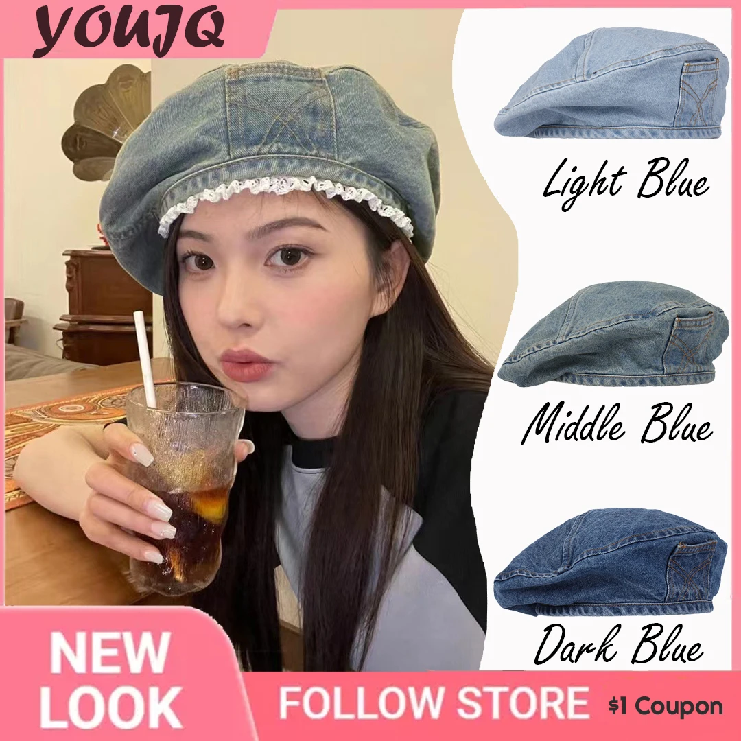 

INS Korean Summer Lace Denim Beret Hats for Women Retro Painter Hat Versatile Big Head Circumference Octagonal Cap Gorras Hombre