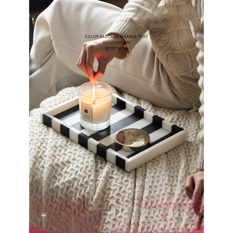 Miri Island Home Natural Black  White Stripes Dali Stone Home Bathroom Rectangular Tea Set Storage Table Tray Plate Arrangement