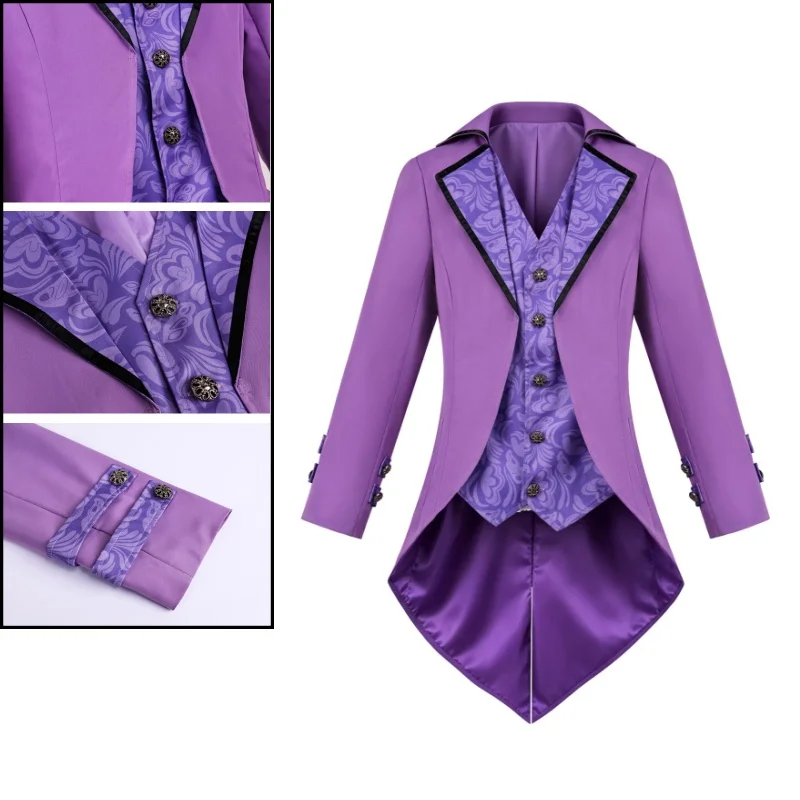 Victorian Magician Cosplay Outfit Purple Slim Tailcoat Men Steampunk Gothic Damask Waistcoat Vintage Floral Vest for Halloween