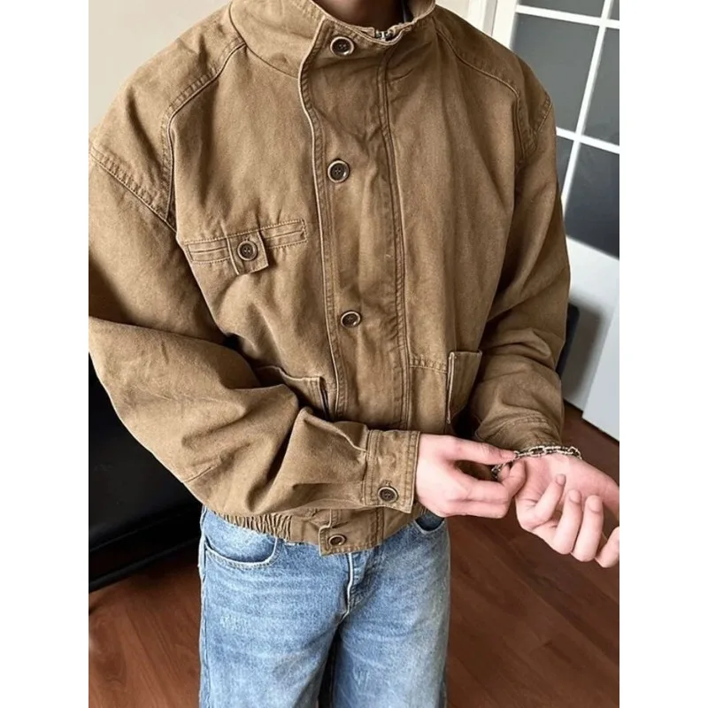 American Retro Heavy Washed Old Canvas Tooling Jacket Men's and Women's Short Wide Boxy Stand-up Collar Jacket