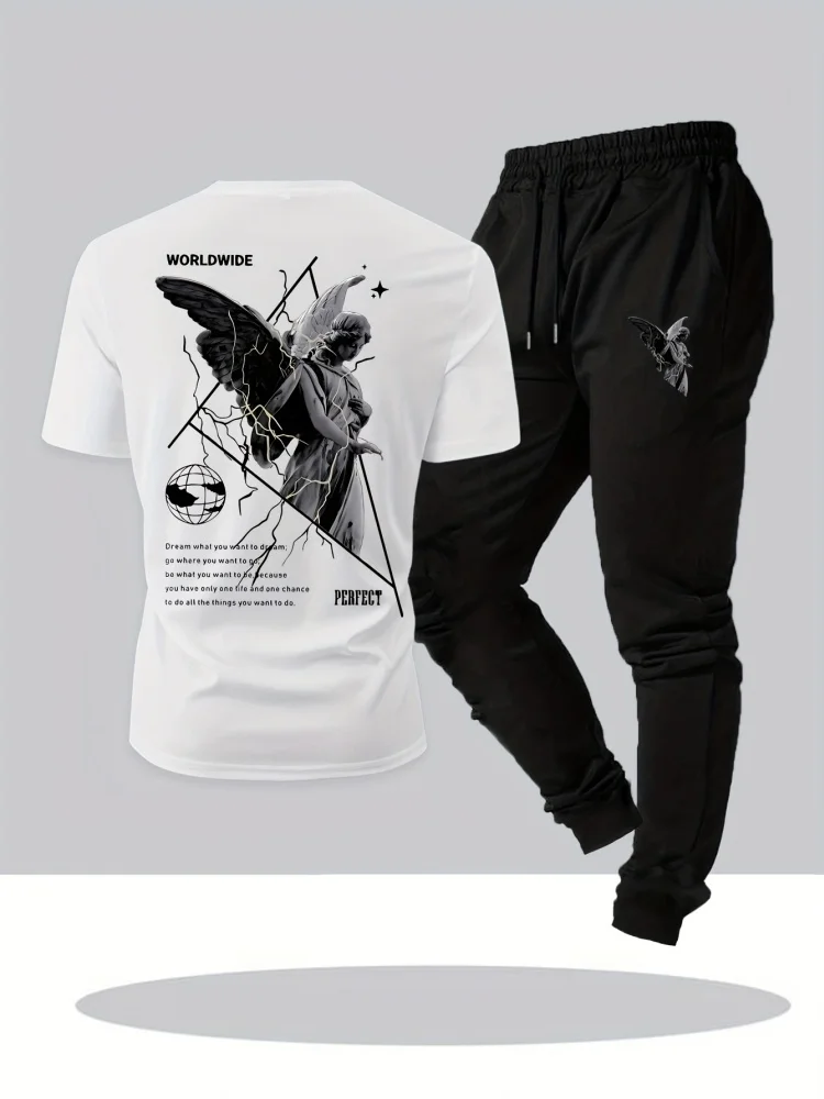 

New Men's High-Quality Fabric Set 3D Printed Short-Sleeve T-Shirt Casual Relaxed-Fit Pants Stylish Street Style Two-Piece Set