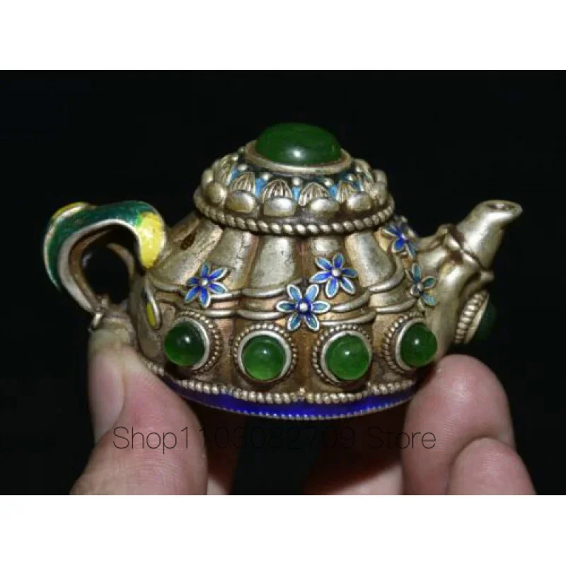 8cm Rare Chinese Miao Silver Inlaid Green Jade Gem Flower Little Teapot Teapot