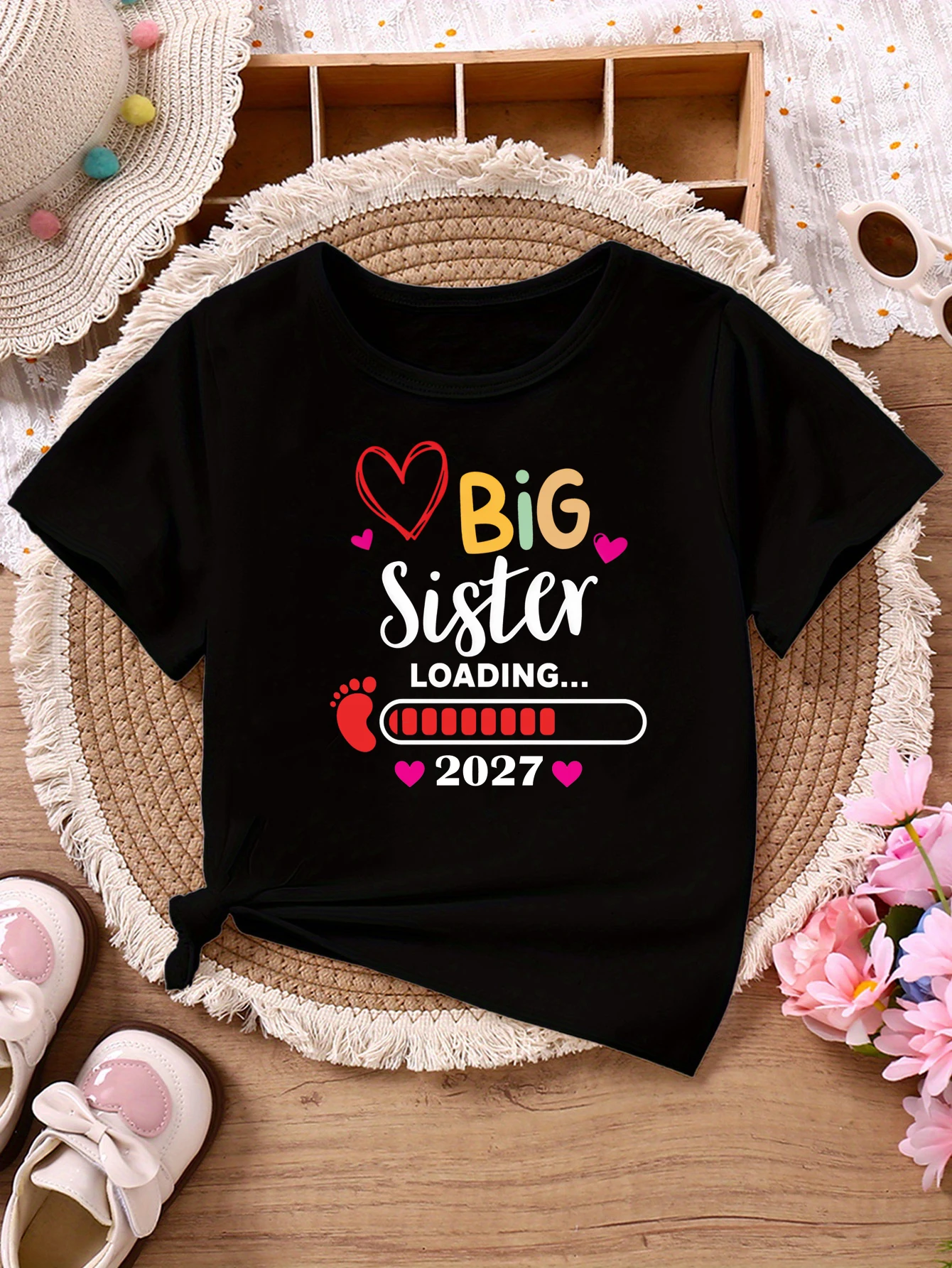 Big Sister Loading 2027 Hearts Printed T Shirt Girls Pregnancy Announcement T-Shirt Kawaii Kids Clothes