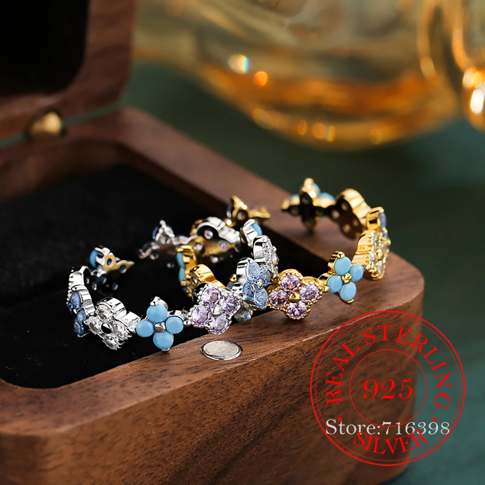 

925 Sterling Silver Jewelry AAA+ Crystal Rainbow Flower Plant Finger Rings for Women Wedding Party Jewelry For Girls Friend Gift