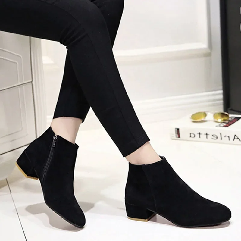 Ankle Boots Women Autumn 2024 Chunky Low Heel All-match Short Botas Solid Size Zipper Female Shoes Casual Black Botas Para Dama