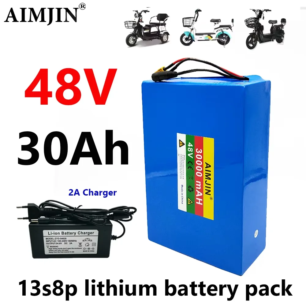 48V 30Ah 30000mAh 18650 13S8P lithium battery pack large capacity suitable for 48V 250-1500W built-in BMS+54.6V 2A charger