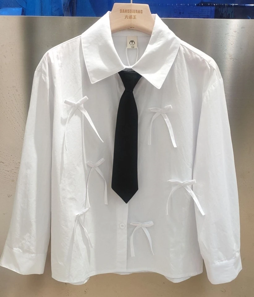 2025 new girls shirt spring autumn children's tops college bow cotton white lining