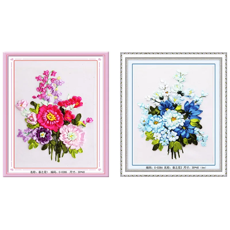 30x40cm 3D Spring Flowers Ribbon embroidery kit stain painting set handcraft kit DIY handmade needlework art home decor