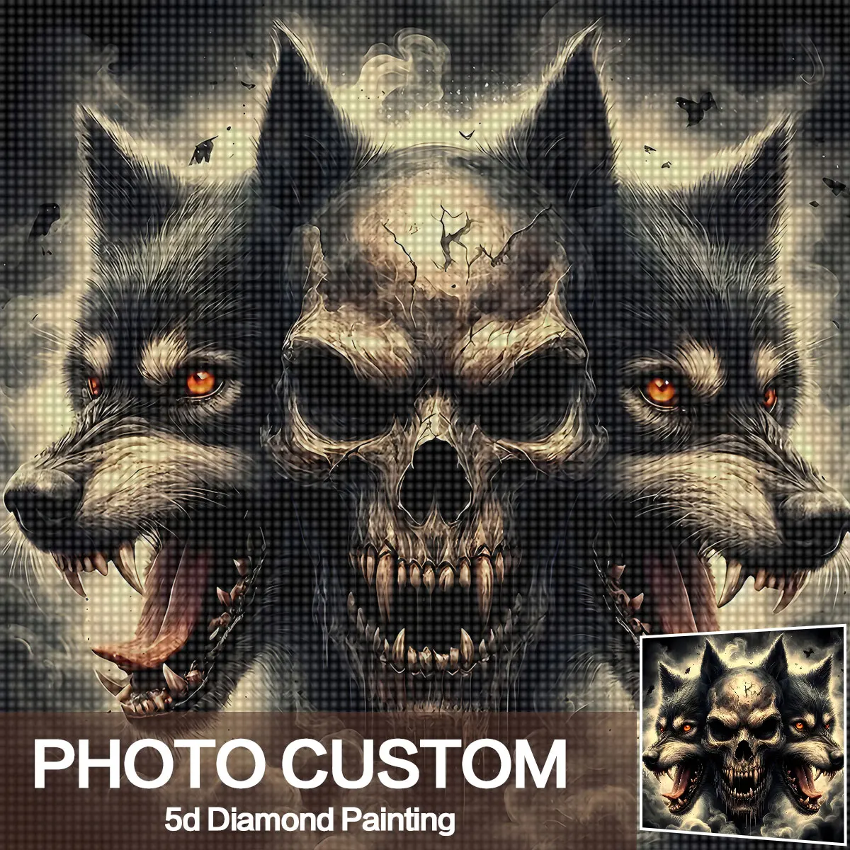 Custom Photo 5D Diamond Painting Kit - Skull and Call Wolf Design, Detailed Home and Office Decoration Paintings, Unframed, Bedr