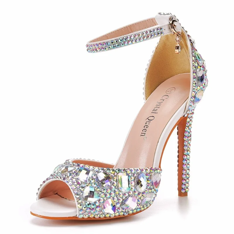 

Women Sandals Ladies Elegant Pumps Open Toe Party Rhinestone PU 11CM Thin Heels Peep Toe Casual Strap Woman Shoes Dress White