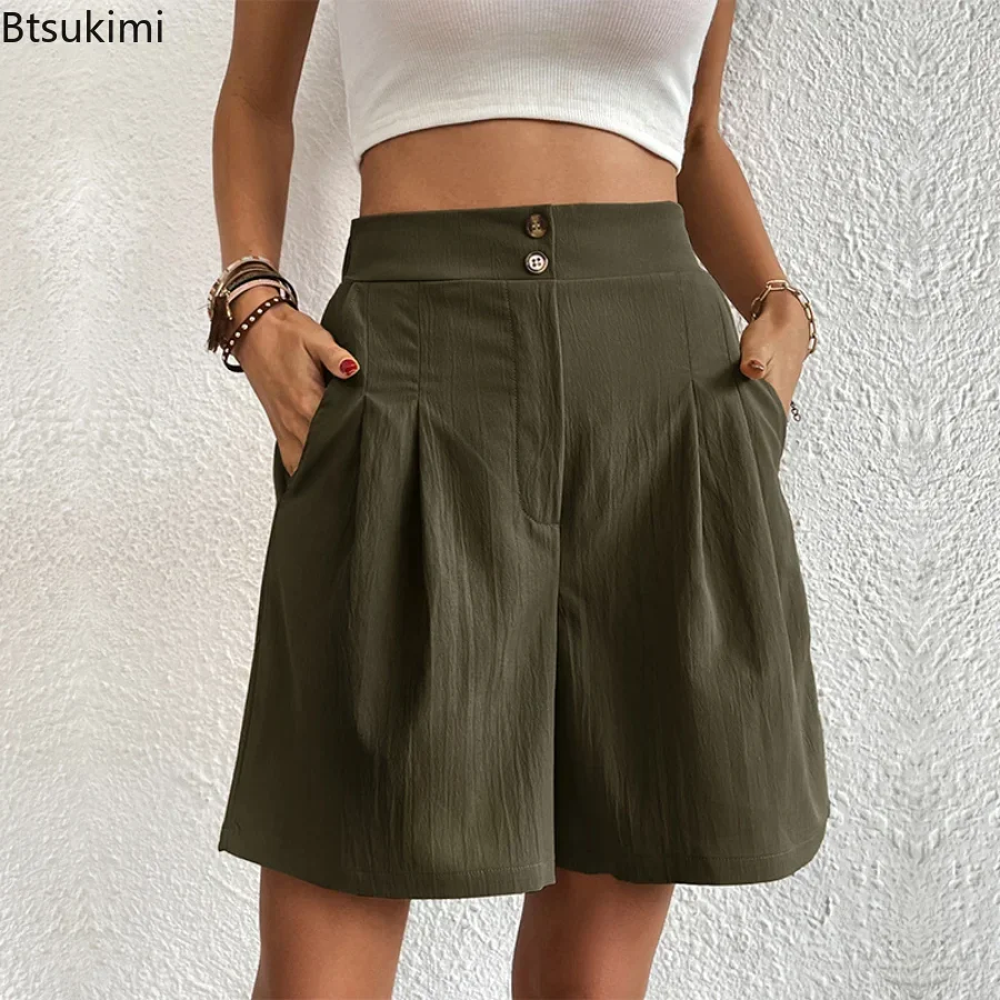 New 2025 Women's Summer Casual Shorts High Waist Solid A-Line Pocket Wide Leg Pants Female Loose Breathable Shorts Pants Women