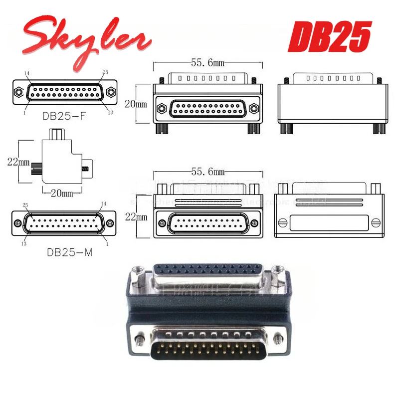 Industrial D-SUB Dual-row DB25 Parallel Male to Female Converter with Screw 90° LPT/AES/EBU Head Joint 25Pin Connector Adapter
