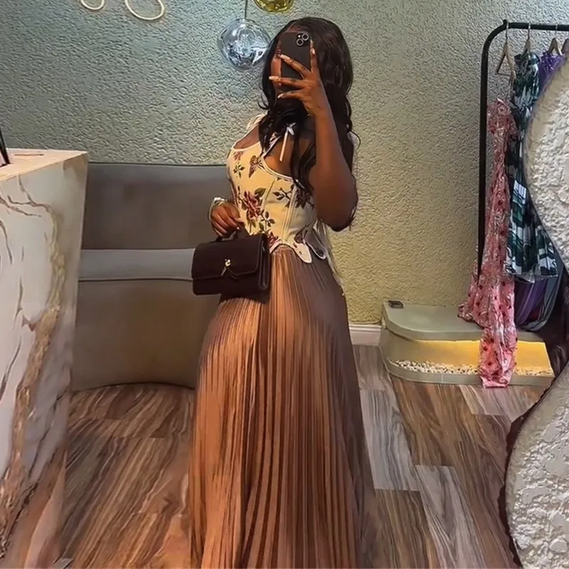 Tank Top Set Tie Maxi Length Fresh Sweet with All Season Sleeveless Crinkled Summer Long Skirt Casual Sweet Fresh Women Dress