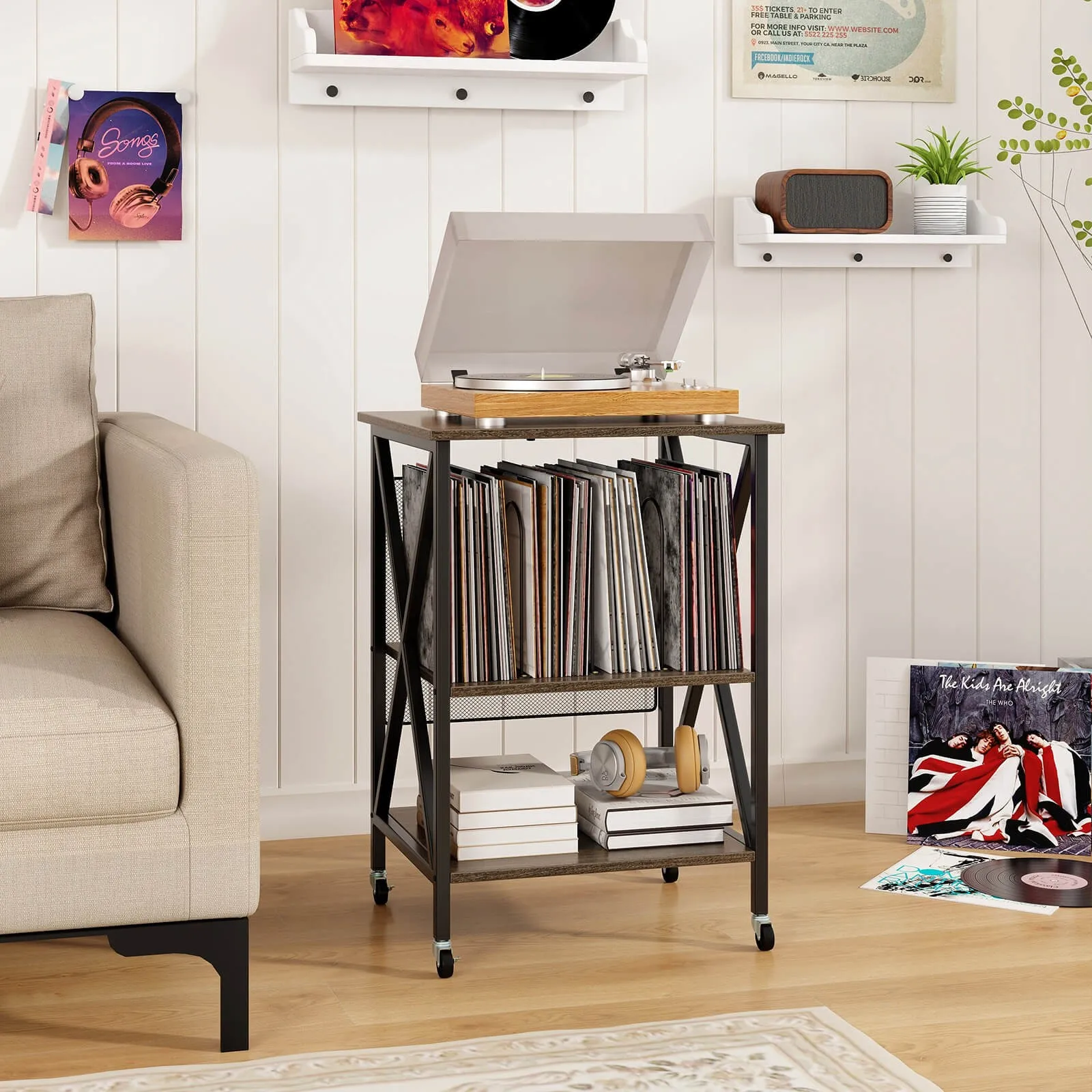 Record Player Stand Vinyl Record Storage Table Holds Up to 120 Vinyl Records