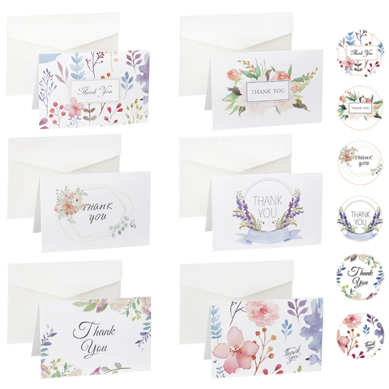 6Sets Floral Thank You Cards with Envelopes & Stickers Assorted Blank Inside Folding Card Wedding Party Invitation Greeting Card