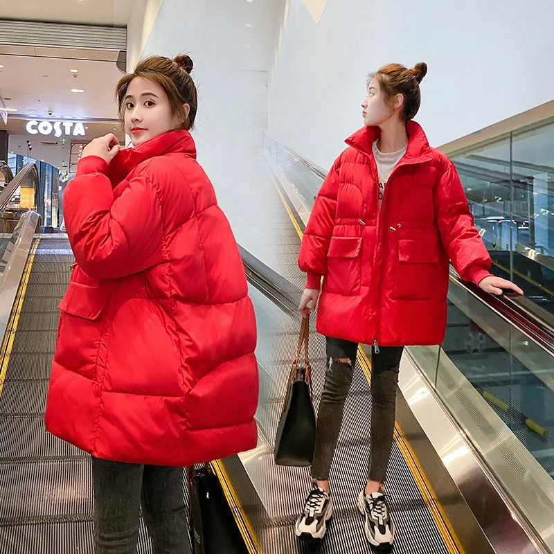 

Winter Women's New Stand Collar Glossy Loose Cotton Padded Parka Female Casual Snow Puffer Coat Outwear