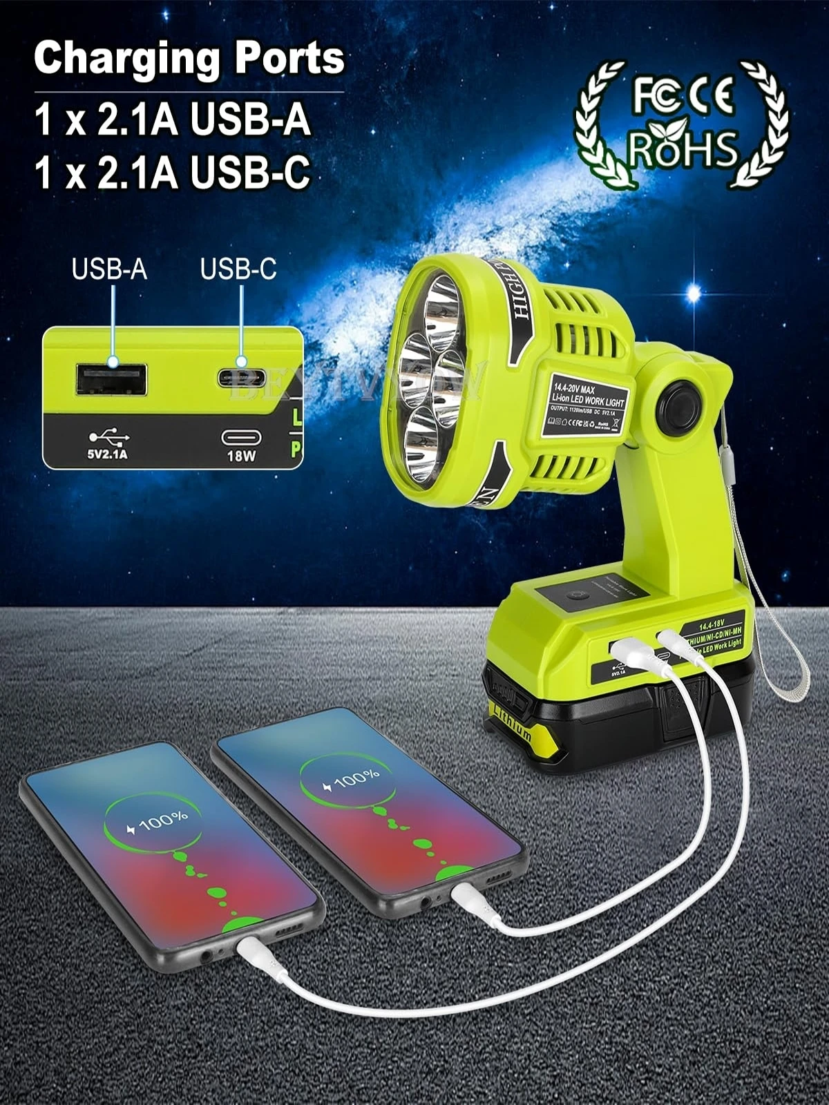 1120LM портативный светодиодный фонарь для аккумулятора Ryobi 18V с USB-A & USB-C 2.1A портами быстрой зарядки беспроводный светодиодный рабочий свет прожектор Прожектор 4 режима освещения 90 ° вращающаяся головка лампы для ремонта автомобилей на рабочем месте Кемпинг чрезвычайная ситуация