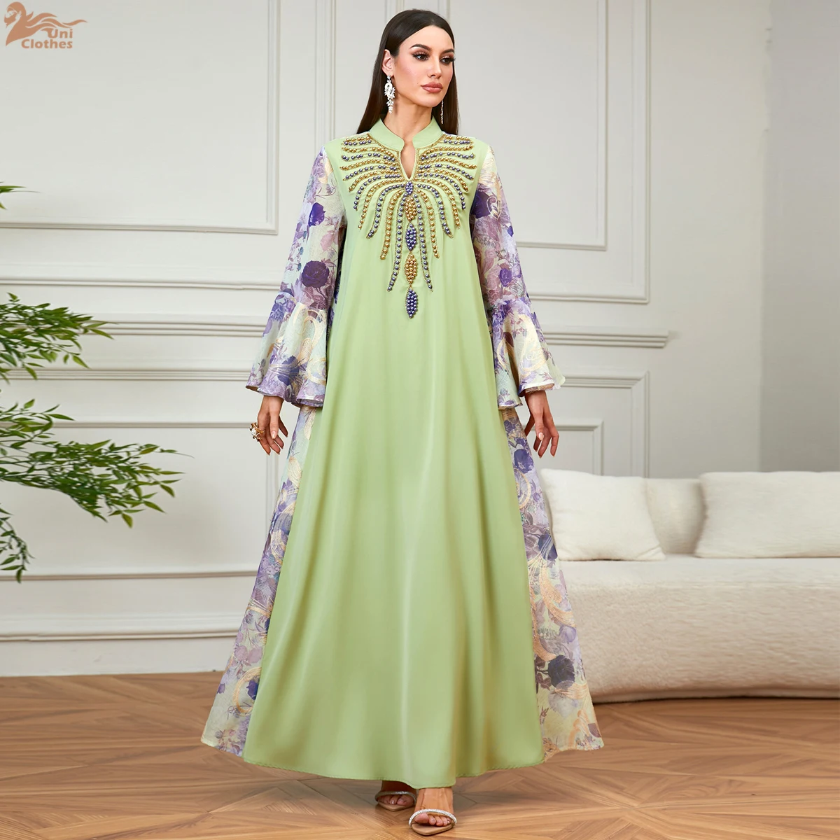 

Zahraa Ramadan Dubai Print Patchwork Flare Sleeve Maxi Dress For Women Moroccan Gala Elegant Loose Abayas