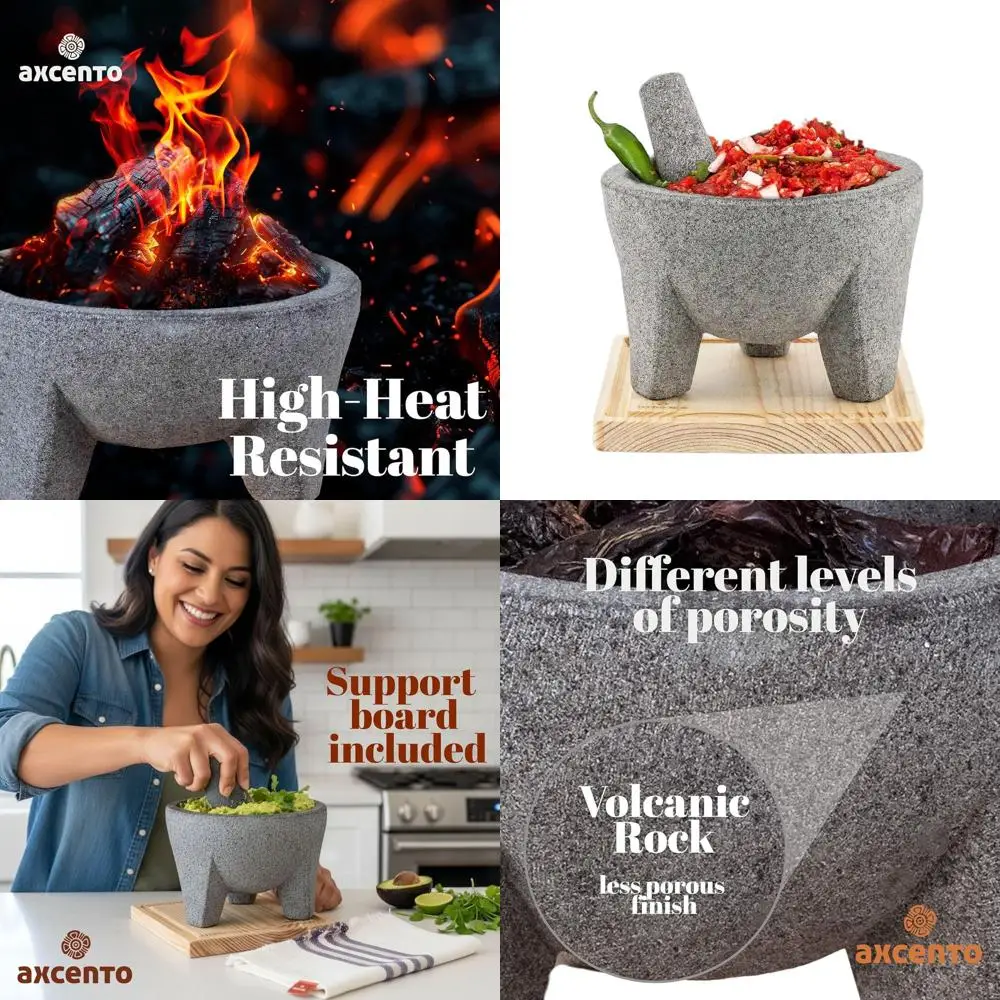 

8-Inch Mexican Volcanic Rock Molcajete Set with Pestle, Includes Cutting Board, 750ml, Handcrafted in Mexico, Grey Stone