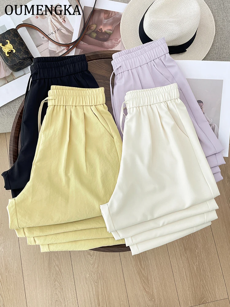 OUMENKA Women Casual Summer Thin Ankle Length Trousers Comfortable Breathable Elastic Waist Belted Daily Wear Pants With Pocket