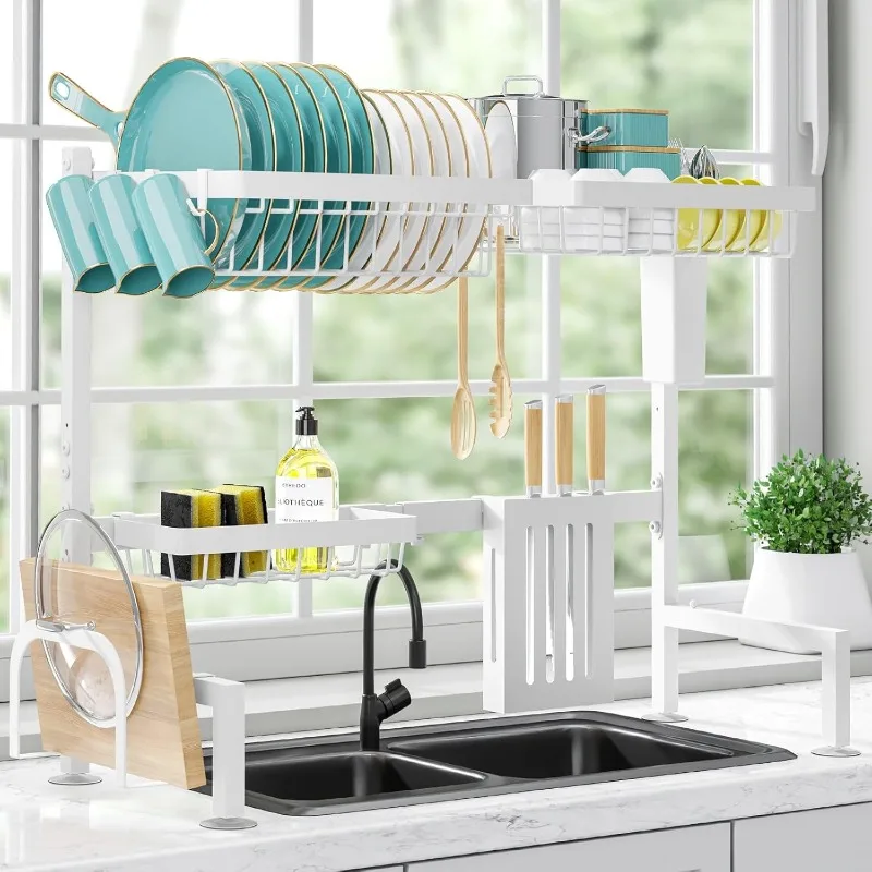 

Dish Drying Rack Over The Sink - Large Capacity Stainless Steel Dish Drainer, Multifunctional Kitchen Organizer, White