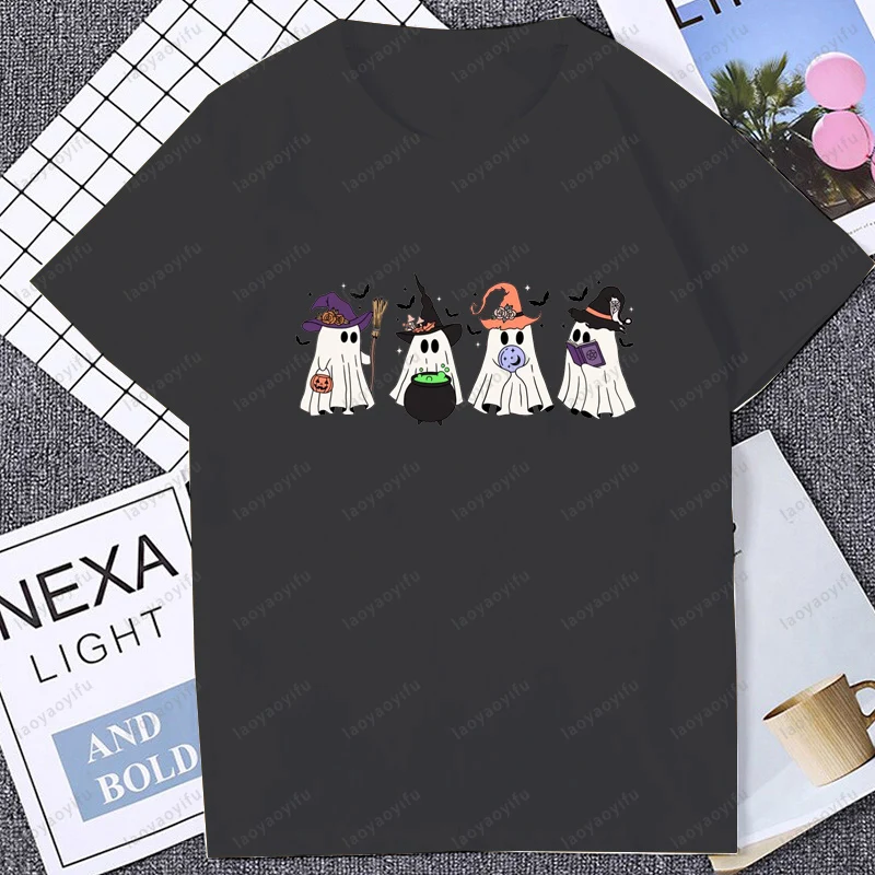 Spooky Season Cute Boo Ghost Cartoon Graphic Printed Women T-Shirt Hallowmas Casual Fashion Loose Harajuku Hip Hop Man Tshirt