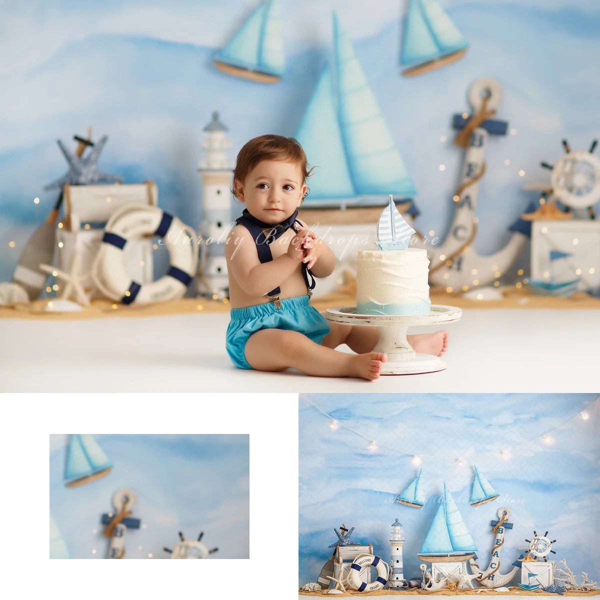 Blue Sailboat Backgrounds Summer Beach Lighthouse Kids Adult Photography Props Child Baby Oceangoing Voyage Decor Photo Backdrop