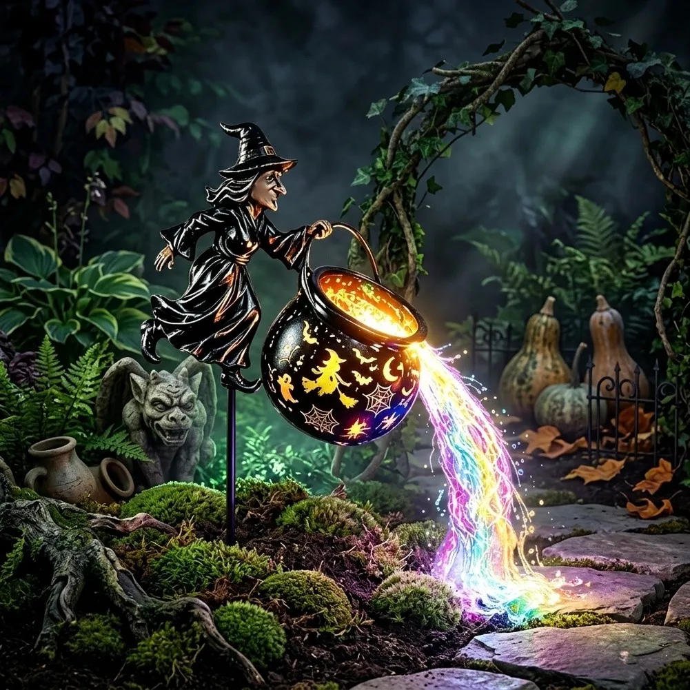 Halloween Garden Light Featuring Witch Hat Cauldron and Color Shifting LED Effects for Outdoor Seasonal Display