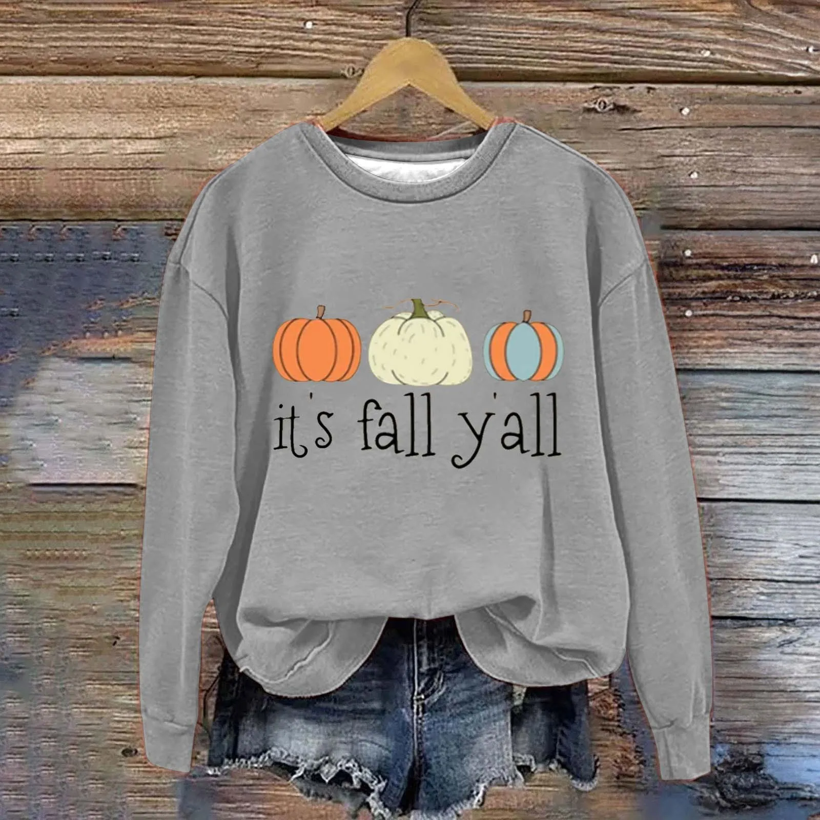 Halloween Fresh Style Pumpkin It'S Fall Yall Letter Print Ladies Fashionable Casual Long Sleev Hoodless Round Neck Hoodie