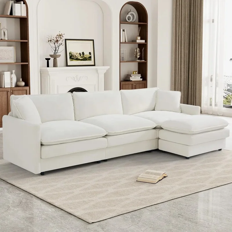 

Modular Deep Seat Sectional Sofa Couch, 114.4 Inch L Shaped 3-Seater, Comfy Cloud Couches, Velvet Beige White for Living Room