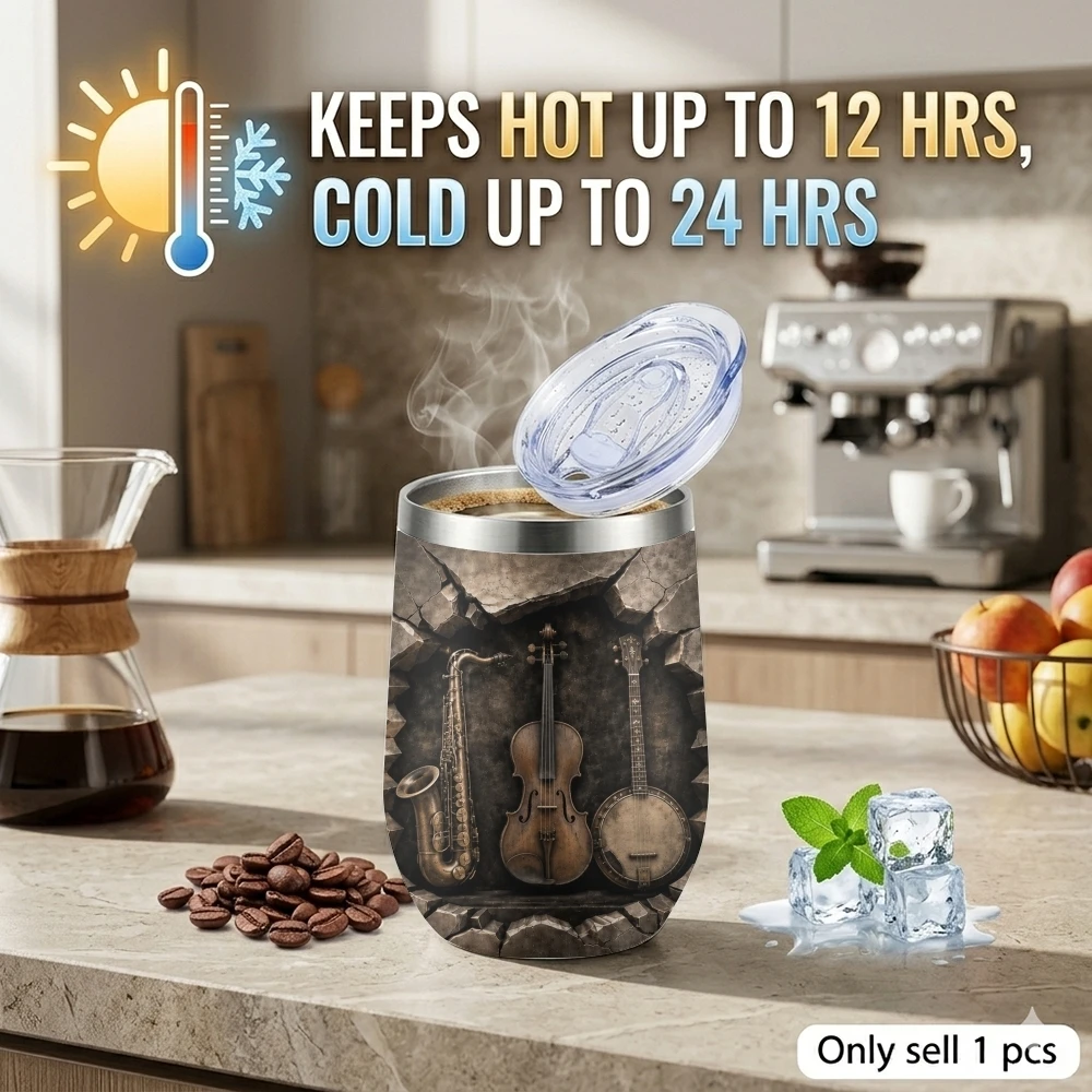 Vintage Musical Instrument Collage Vacuum Flasks 12oz Insulated Stainless Steel Mug with Lid Travel Tumbler Double Wall Cup