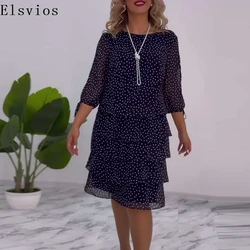 Elegant O-neck Polka Dot Slim Office Dress Women Casual 3/4 Sleeve Stitching Ruffles Party Dress Autumn Chic Waisted Mini Dress