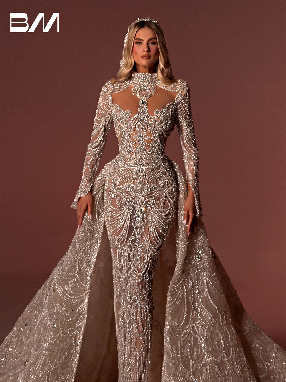 Sexy Illusion Long Sleeve Wedding Dresses 2in1 High Neck Jeweled Customized Bridal Gown Detachable Train Champagne Bride Dress