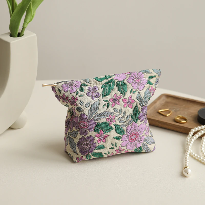 Women's Cosmetic Bag Small Vintage Purple Flowers Cosmetics Lipstick Storage Bag Portable Coin Purse Commuter Card Holder Ins