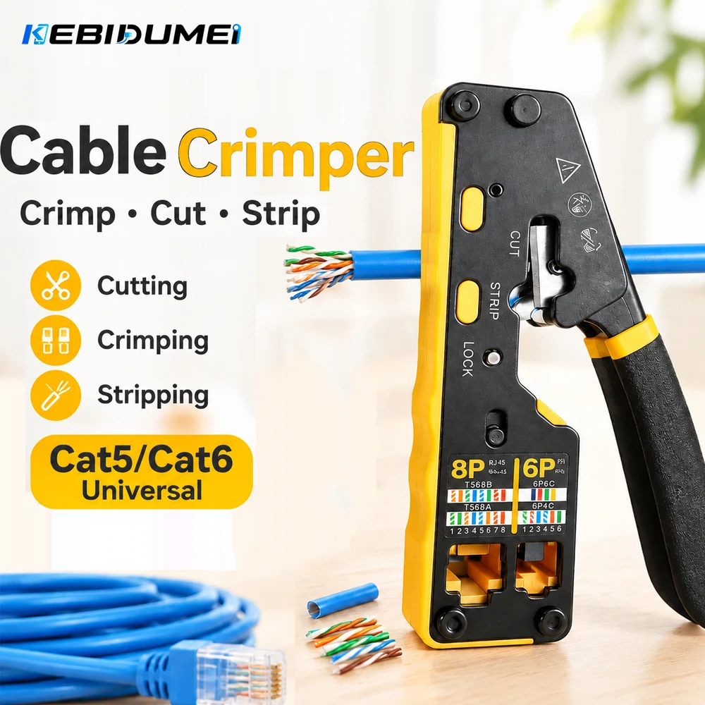 KEBIDUMEI 3 in 1 RJ45 Pass Through Crimping Tool Ethernet Wire Crimper Crimp Cut Strip for Cat6 Cat5e RJ45 Connectors