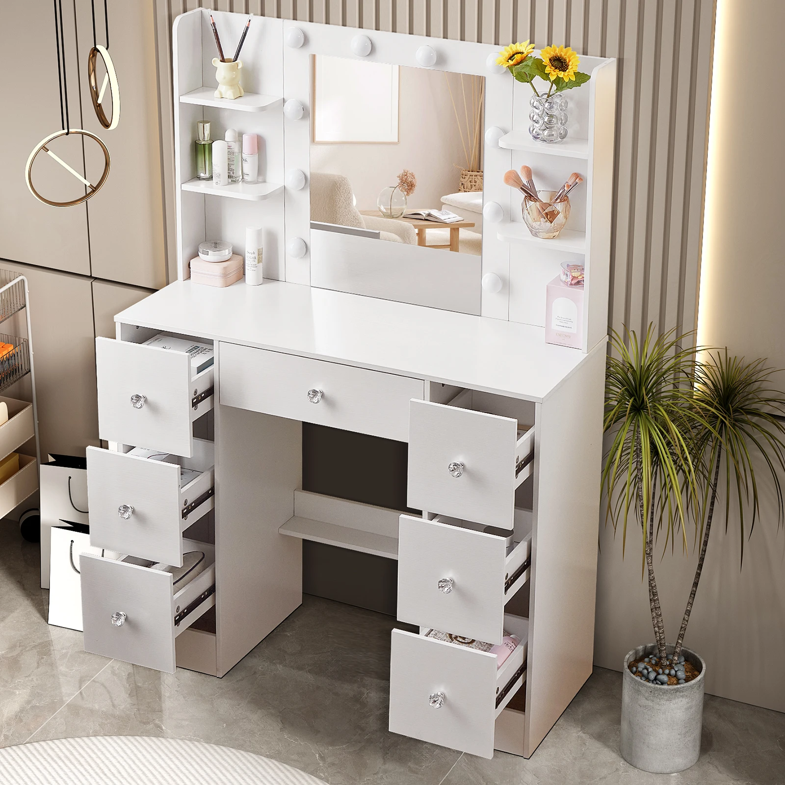 【صفقات 11.11، عروض الجمعة السوداء 2025】مجموعة مقاعد كبيرة لطاولة الزينة مع مرآة وأضواء LED الذكية ومكتب زينة للمكياج